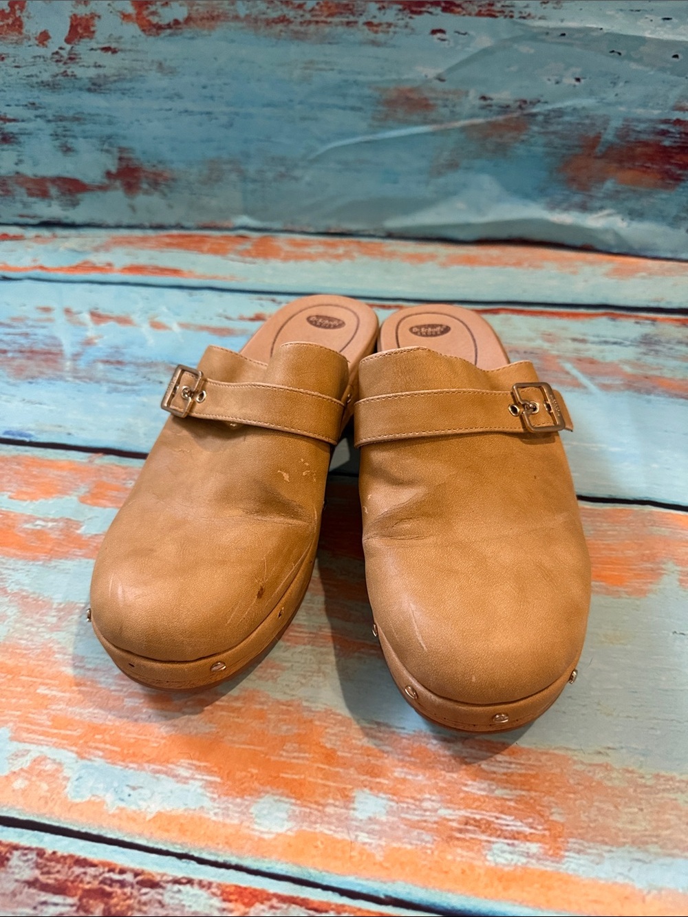 Women's Tan Leather Slip-On Clog Mule with Buckle